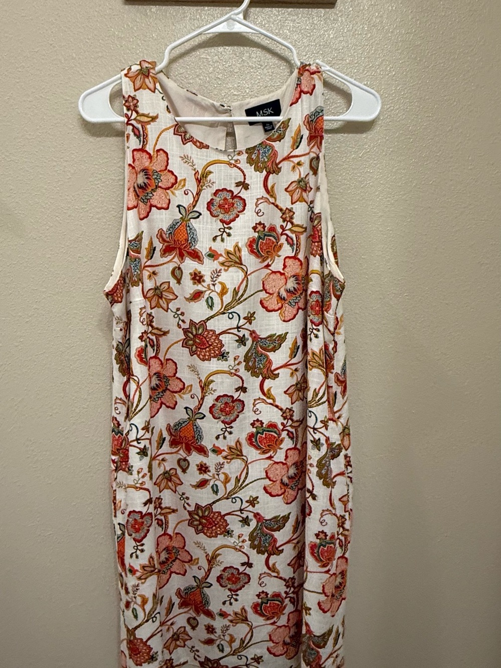 MSK Cream Floral Sleeveless Shift Dress with Coral and Green Print